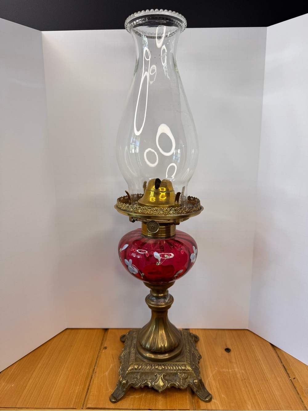 Antique Edward Miller Victorian Handpainted Cranberry Glass Oil Lamp Brass Base